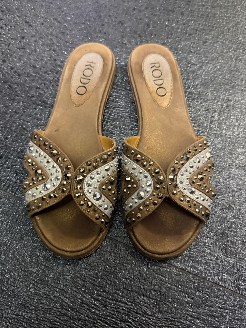RODO Bronze Embellished Slide Sandals Sz 36